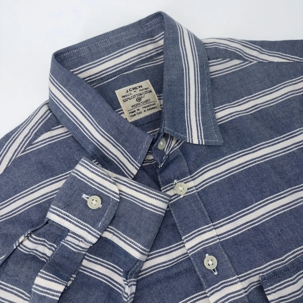 J.Crew Mens XS Blue White Striped Cotton Twill Popover Workshirt Long Sleeve